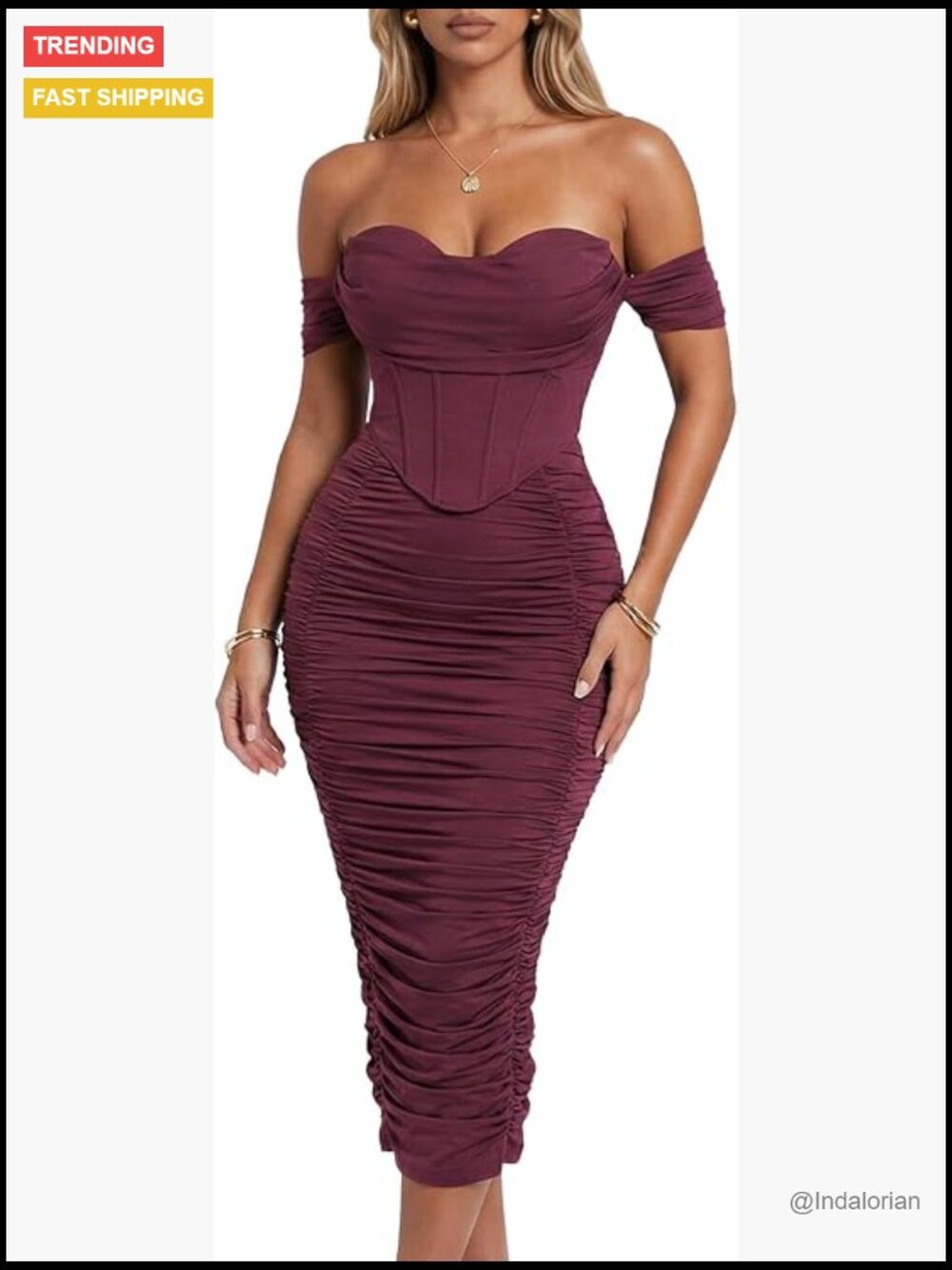 Off Shoulder Midi Dress with Built-in Bra Ruched Corset Bodycon Formal
